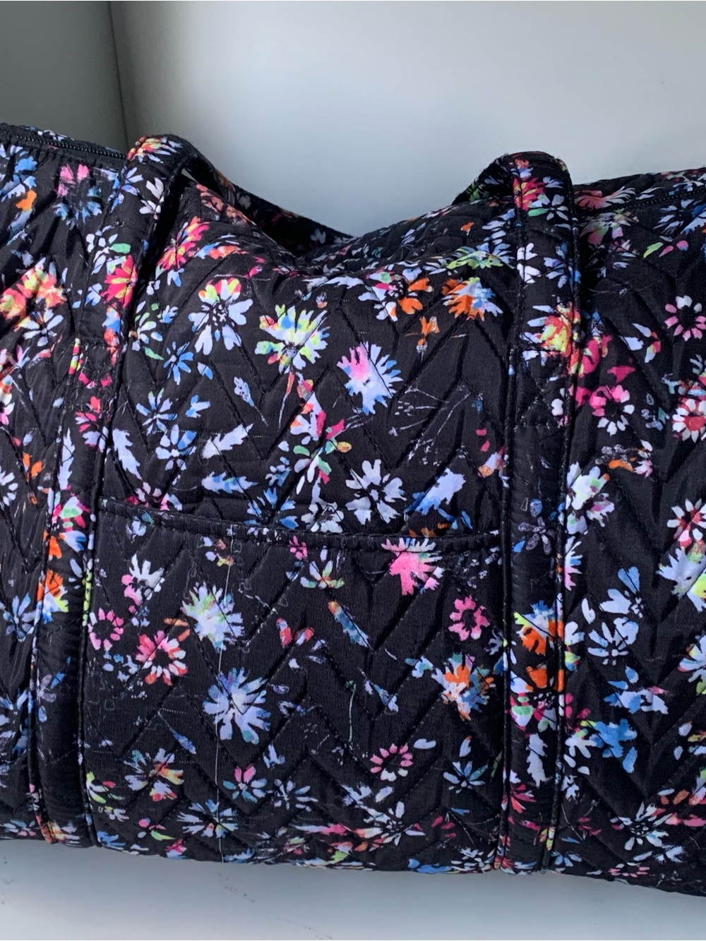 Quilted Black Floral Duffel Bag - Multicolor Flowers